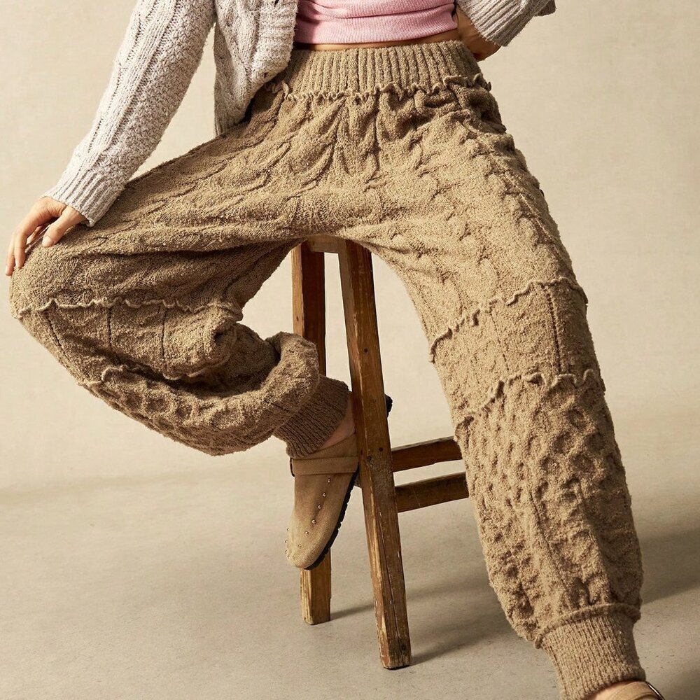 Khaki Casual Women's Cable Knit Patchwork Pants